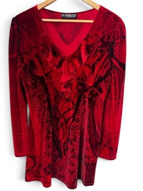 The Pyramid Collection Red Velvet blouse Ruffle V-Neck Long Sleeve